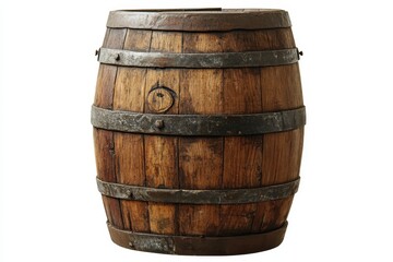 A rustic wooden barrel with metal bands, often used for storage or aging beverages.