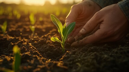 Fototapeta premium Planting Seedling in Sunset Light