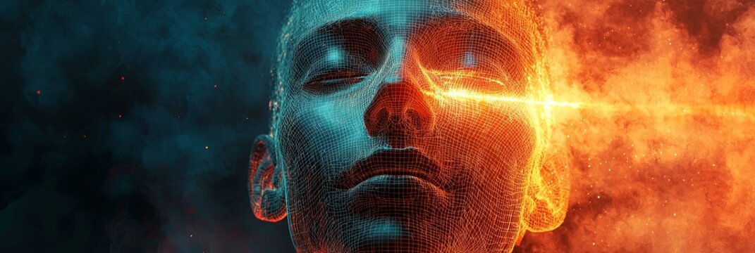 The image presents a half-face wireframe juxtaposed against a backdrop of fiery lights and abstract colors, merging human and digital elements into a striking visual composition.