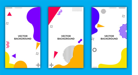 Modern Memphis posters with abstract geometric shapes. Vibrant vector backgrounds, vertical covers or cards with bold colors and playful patterns, dynamic visual composition with retro-futuristic vibe