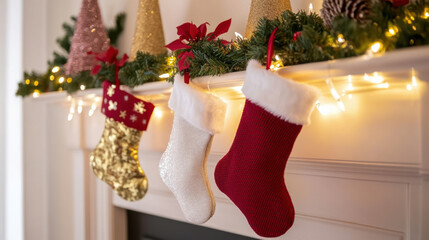 Festively decorated mantelpiece adorned with colorful Christmas stockings, twinkling lights, and holiday greenery, creating warm and joyful atmosphere
