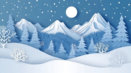 A paper-cut style winter landscape with snow-covered trees and mountains. AI generated image