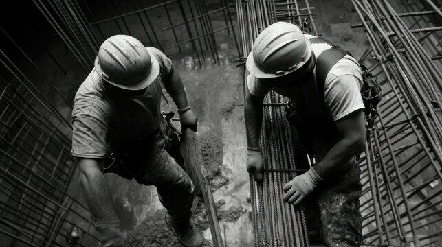 Two Construction Workers in Hard Hats Working with Steel Rebar