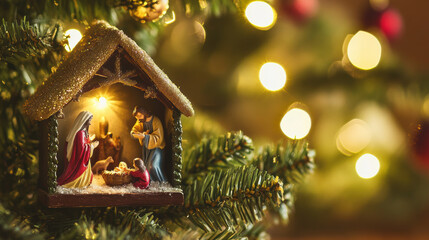 beautiful nativity scene displayed beneath Christmas tree, capturing essence of holiday spirit with warm lights and intricate details