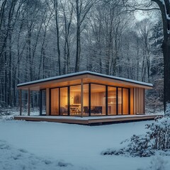 Fototapeta premium A cozy cabin in a snowy forest with warm interior lighting. AI generated image