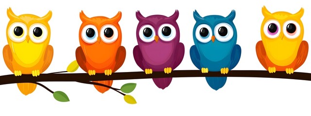 Fototapeta premium A colorful illustration of owls sitting on a single branch, each owl a different color and with its eyes closed