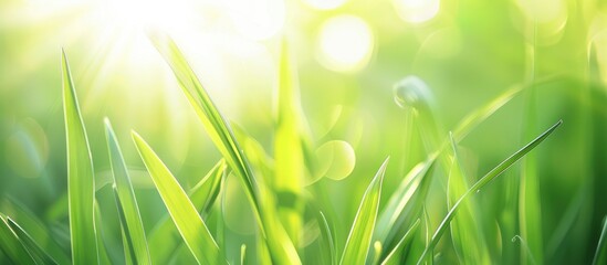Fototapeta premium Fresh Green Spring Grass Actively Growing Lit With Bright Sun Beams Soft Focus Abstract Nature Background