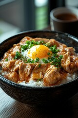 Oyakodon - A rice bowl topped with simmered chicken and egg, cooked in a sweet soy-based sauce.