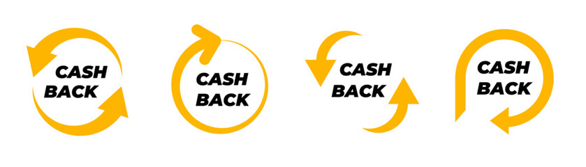 Cashback icon set. Cashback loyalty program. Money refund label. Return money service for partner program. Bonus cash back icon. Vector illustration.