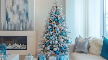 beautifully decorated Christmas tree in silver and blue color scheme stands elegantly in modern living room. tree is adorned with ornaments and lights, creating festive atmosphere