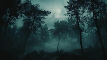 Fototapeta premium Mysterious foggy forest at night with a full moon.