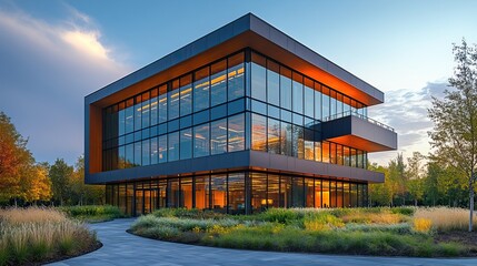 Obraz premium An image of a large modern office building within an industrial zone and technology park, highlighting tech-driven architecture.