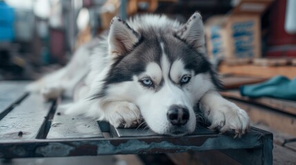 A dog is laying on a bench with its head resting on its paws