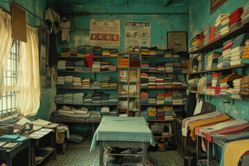 Fototapeta premium A spacious room furnished with a sturdy table and several shelves that are filled to the brim with an extensive collection of books