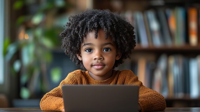 An image of an African American boy engaged in learning and using a laptop, showcasing modern education.