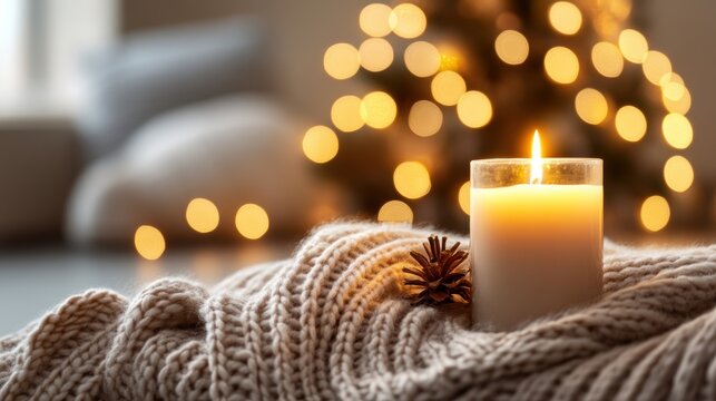 Cozy holiday season with candle warm blanket Christmas tree