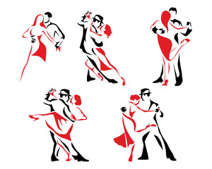Stylized Dancers Red and Black Vector Illustrations of Passionate Dance. Logo
