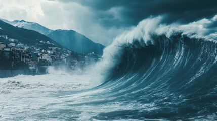 powerful tsunami wave surges towards shore, showcasing immense force of nature against dramatic backdrop of mountains and coastal town. scene evokes sense of awe and urgency