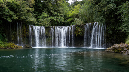 Fototapeta premium stunning waterfall cascading into serene pool, surrounded by lush greenery, creates tranquil atmosphere. sound of rushing water enhances peaceful setting