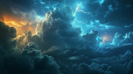 Dramatic Stormy Skies with Striking Lightning Bolts Against Moody Clouds in Turbulent Weather