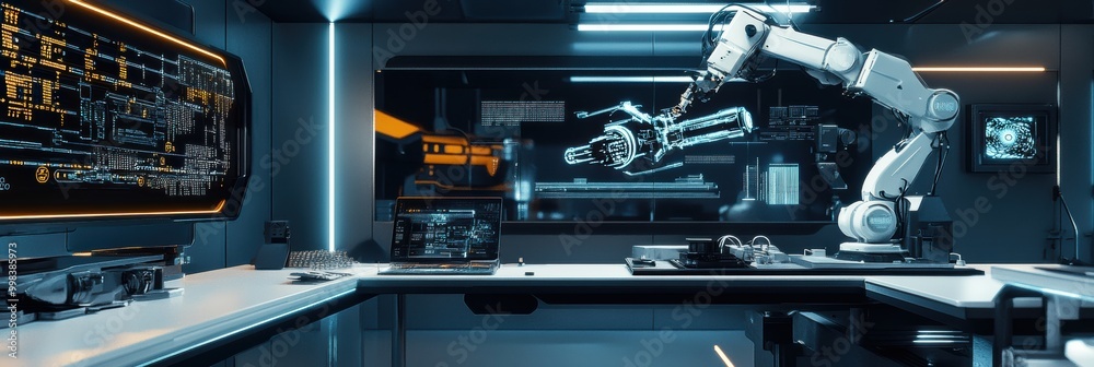 Poster A robotic arm efficiently assembles intricate machinery in a modern lab filled with advanced technology and interactive displays. Generative AI