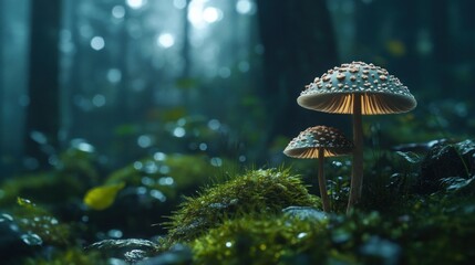 Two Mushrooms Growing in a Dark and Moody Forest