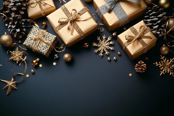 Fototapeta premium Christmas golden decoration with gift boxes on dark background. Template for greeting card