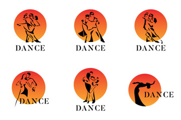 Dance Silhouettes with Sunset Background Dance Poses. Stylized Dancers Vector Illustrations of Passionate Dance. Logo, set, collection, icon