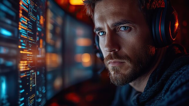 An IT specialist and data center administrator performing maintenance and cyber security tasks on a personal computer, overseeing web services and cloud computing analytics. - Powered by Adobe