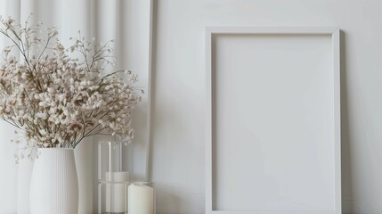 Photo frame mockup with gentle flowers and candles. Picture template and small bouquet near white wall advertising image. Composition with drawing mock up product photorealistic