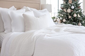 Cozy bedroom with festive Christmas tree decoration