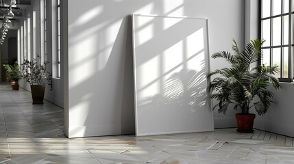 Picture mockup with frame and exotic plants in gallery. Creative drawing template in office interior advertising image. Artwork mock up in minimal interior product photorealistic