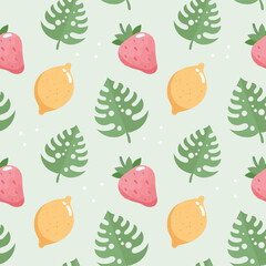 Seamless pattern, drawn strawberries, lemons and monstera tropical leaves. Print, summer background, textile, wallpaper, vector
