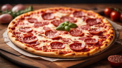 Delicious Italian Pizza with Salami Tomatoes and Herbs
