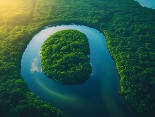 Fototapeta premium Aerial photography of a summer landscape with a quiet river surrounded by lush green trees, with clear sky reflecting on the water surface. Suitable for advertising for a eco-tourism campaign. 
