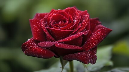 Picture a close-up of a single, beautiful rose with dew drops on its petals.