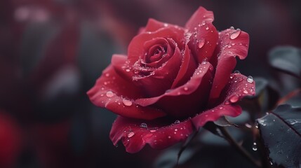 Picture a close-up of a single, beautiful rose with dew drops on its petals.