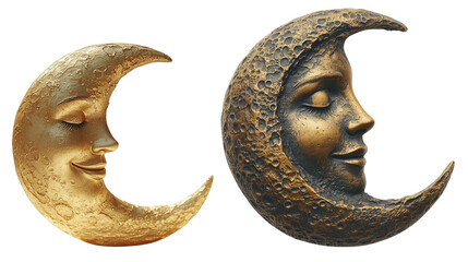 decorative moon sculpture with smiling face, featuring textured surface and crescent shape. design is both artistic and whimsical, perfect for home decor on a plain PNG background