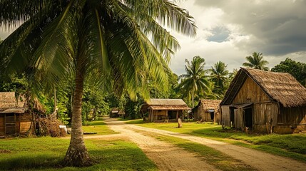 Picture a coconut tree in a rural tropical village, with traditional huts in the background.