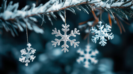 Delicate snowflake ornaments hang gracefully from snow covered tree branch, creating serene winter scene that evokes feelings of joy and tranquility
