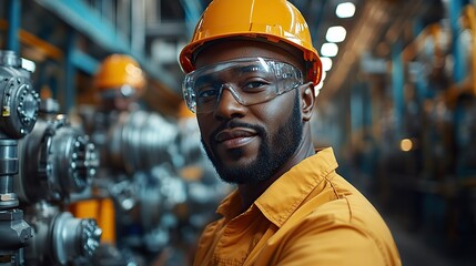 In a tech research facility, a chief engineer uses a tablet while a team of engineers designs engines with digital tools.