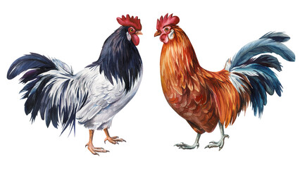 Vibrant hand-painted watercolor Roosters Isolated white background, perfect for farmhouse decor, nature-themed designs