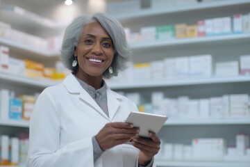Black smiling pharmacist elderly woman, gray hair, dressed in white medical suit, holding digital tablet, stands against the backdrop of pharmacy interior in light colors