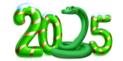 Large green stylized number 2025 sprinkled with snow on top, with a festive Christmas design reminiscent of a candy cane, and a green snake instead of 2, with soft shadow, on a white background.