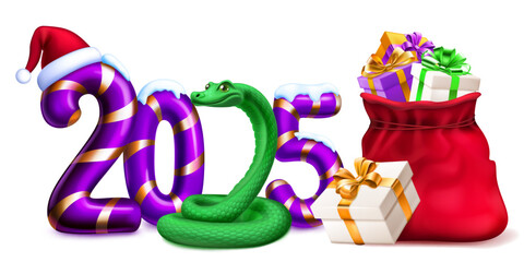 Obraz premium Large purple stylized number 2025 sprinkled with snow on top with a festive Christmas candy cane design, with a green snake, a Santa hat and bag of gifts, with soft shadows on a white background.