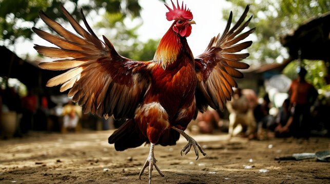 Picture a fighting cock in a moment of victory, its stance strong and triumphant.