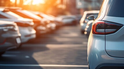 Car parked at outdoor parking lot. Used car for sale and rental service. Car insurance background. Automobile parking area