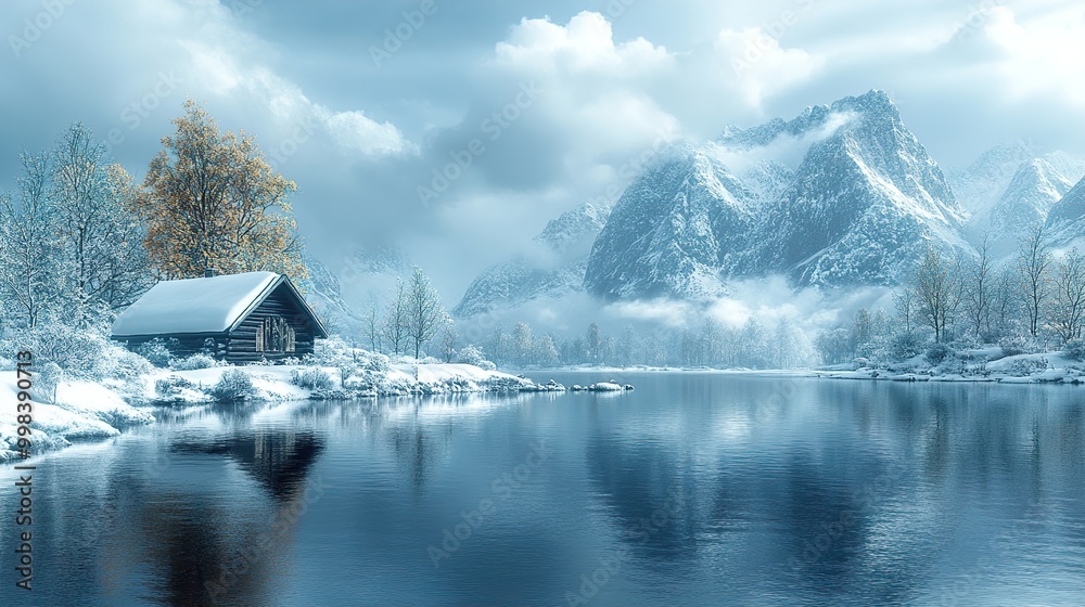 Canvas Prints Winter Wonderland: Cabin by a Frozen Lake