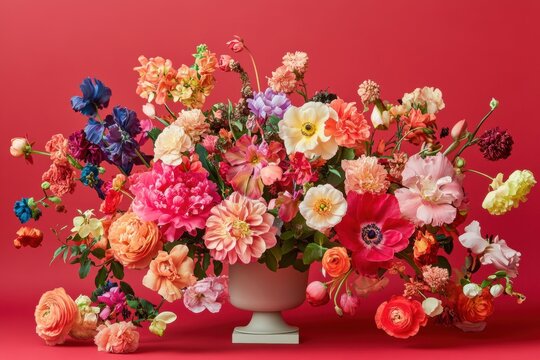 Colorful bouquet of mixed flowers in vase on red background