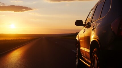 Lone car driving on deserted highway at sunset, road stretching into horizon with golden light reflecting off hood, sharp silhouette against vibrant sky, emphasizing solitude and freedom.	